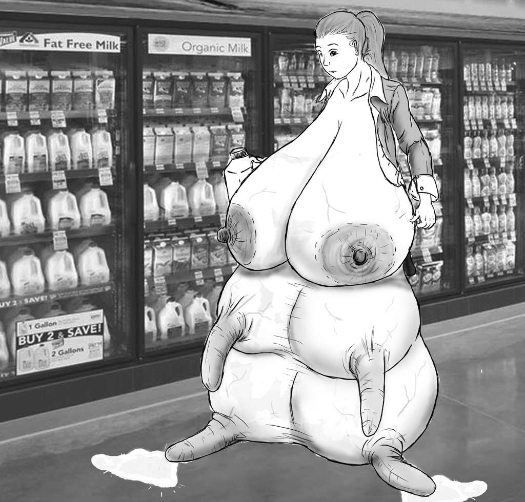 Same position. Breasts burst her top apart. Udder 3 to 4 times as large, bottom resting on the floor.