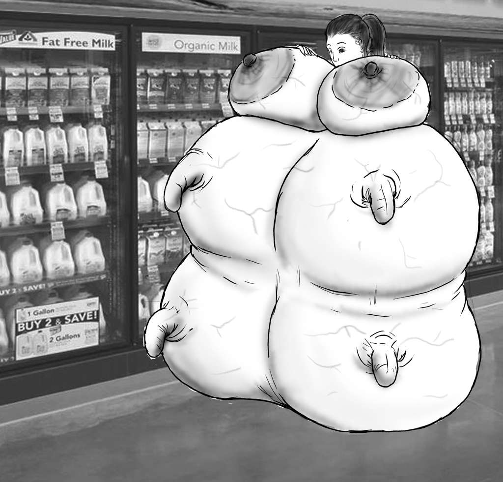 Same position. Udder as big as 3 people, pushing breasts up into her face.