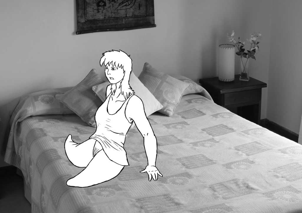 Shocked awakening, sitting up sideways on the bed