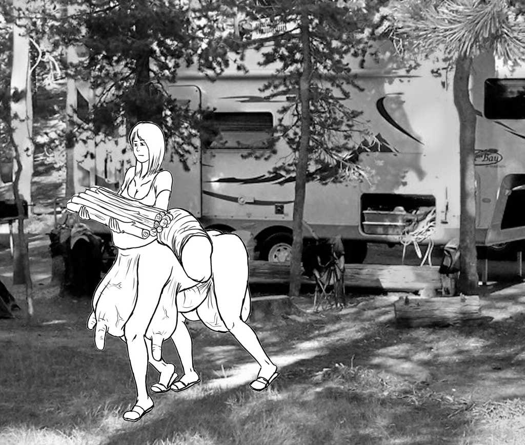 Sara carrying wood past the parked motorhome