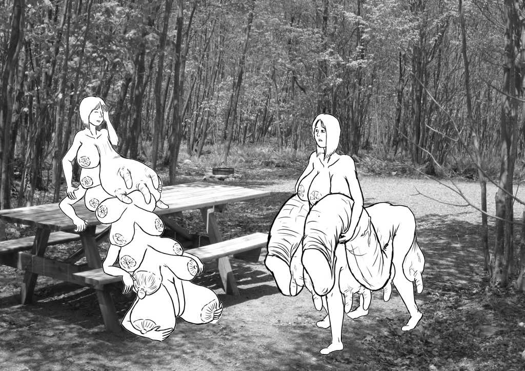 Rose and Sara at the picnic table. Rose is seated, face-palming. Sara is holding one huge penis in each arm.
