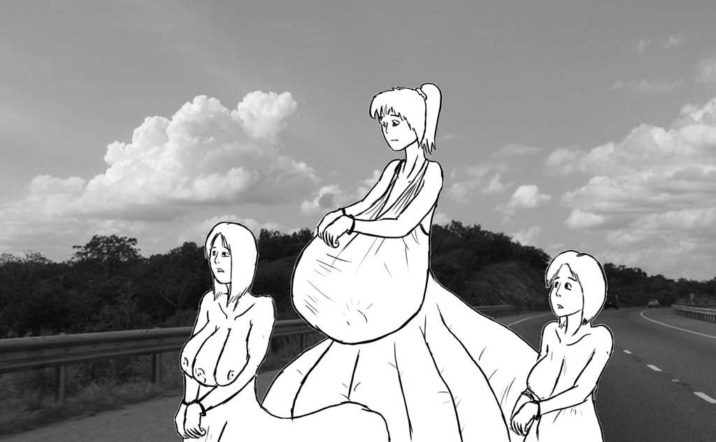 3 shocked and upset young mutant women in handcuffs, standing by the side of the highway