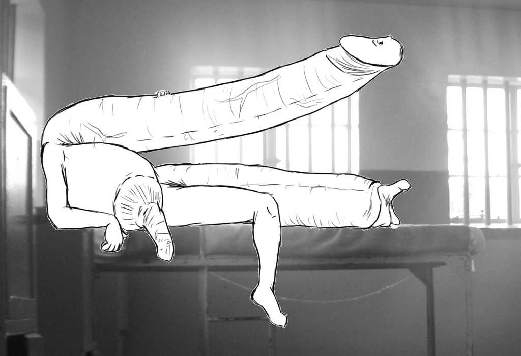 Virgil lying atop upper left bunk, highly aroused hence penis neck fully extended