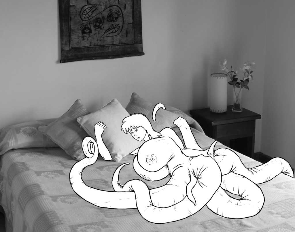 Lying in bed on right side, waking up, hand on one of the new tentacles.