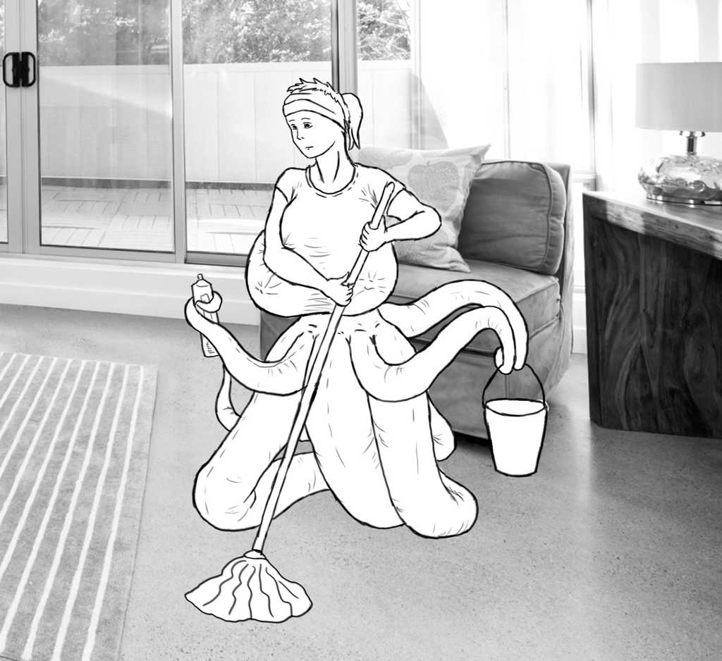 “Kneeling” on the floor, mopping with hands, right arm smashed into right boob. 4 original tentacles as legs, 2 new ones holding a bucket, 1 new one holding a tube or bottle of cleaning solution, other new one free.