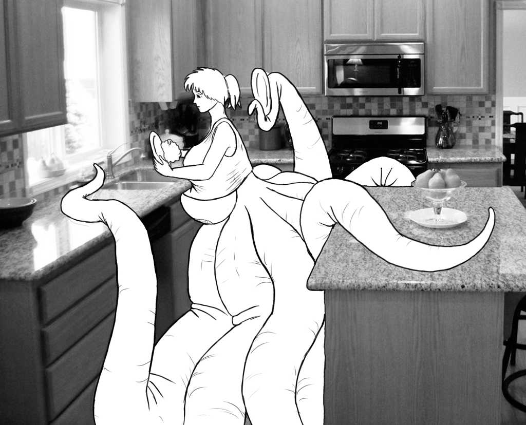 Washing a dish with her hands, huge boobs smooshed against the edge of the countertop, another tentacle holding a different dish.
