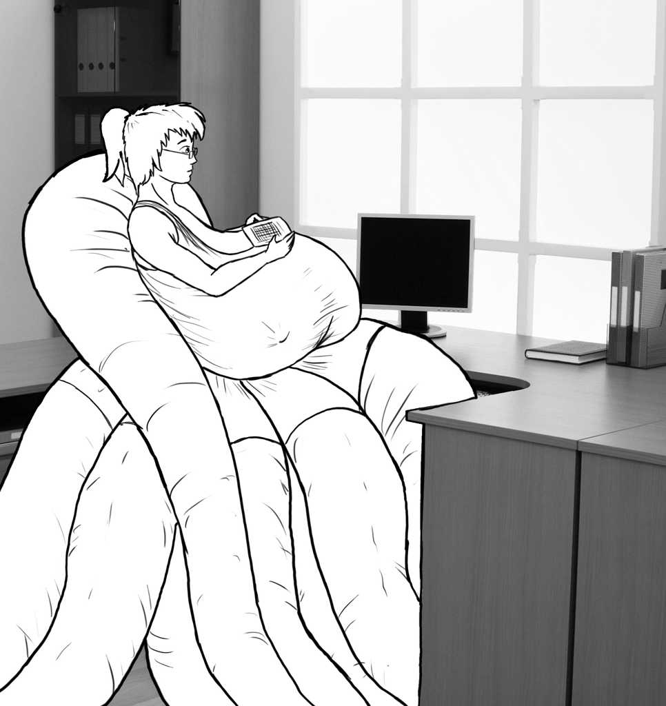 Researching at her desk, keyboard atop huge boobs which extend well past her arms