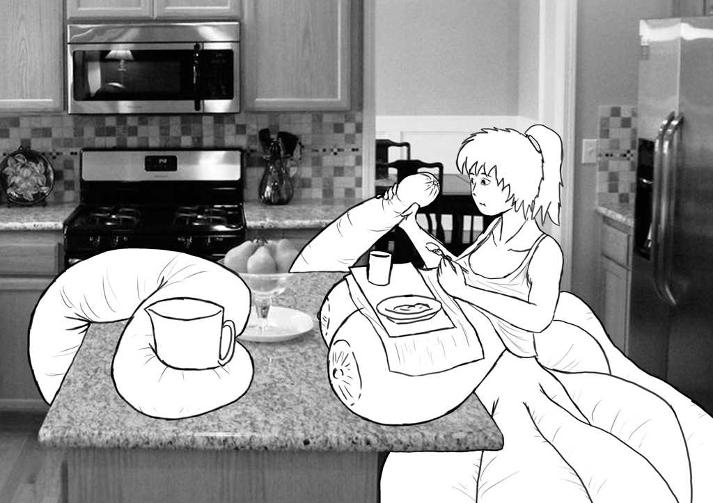 Plate and beverage cup on placemat atop boobs, boobs resting on kitchen island countertop. Fork in her left hand, right hand holding changed tentacle end she’s studying.