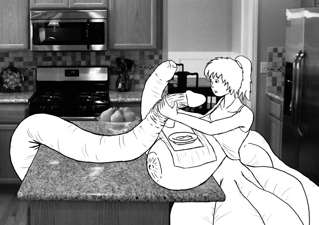 Shocked dismay pulling a tentacle’s foreskin back with both hands, seeing a *huge penis* within