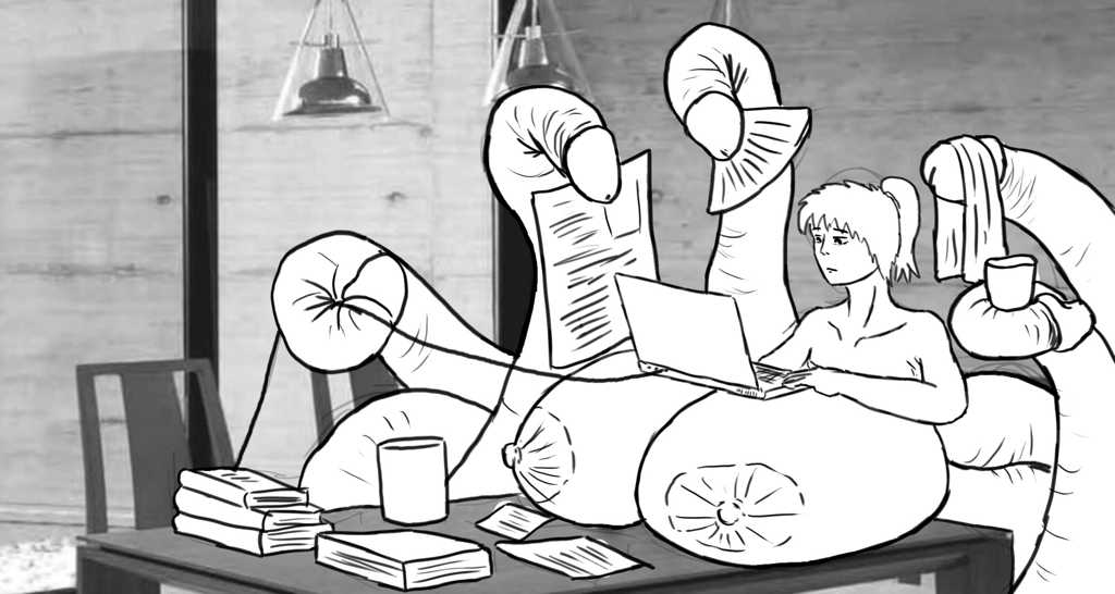 Researching on her boobtop computer at the dining table, putting most of her tentacles to good use holding various things