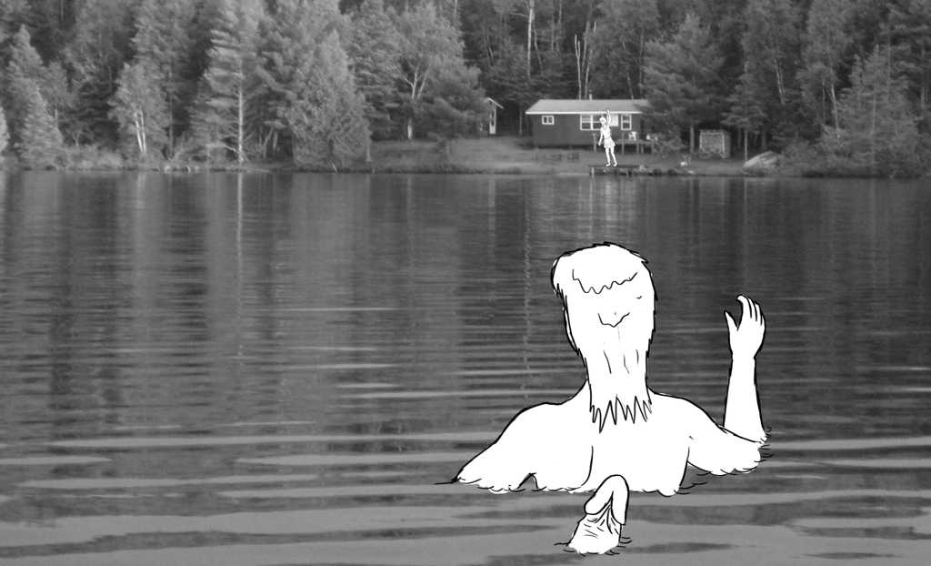 Neighbor waves from the shore, over the distance, Tent’s back to the viewer with a tentacle tip out of the water yet out of the neighbor’s sight behind her back
