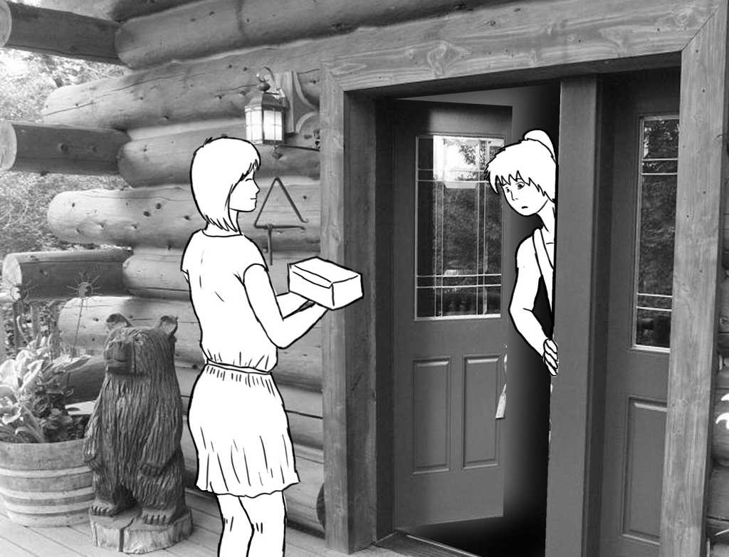 Neighbor at Tent’s front door, holding a box with both hands as Tent leans out the door as little as possible