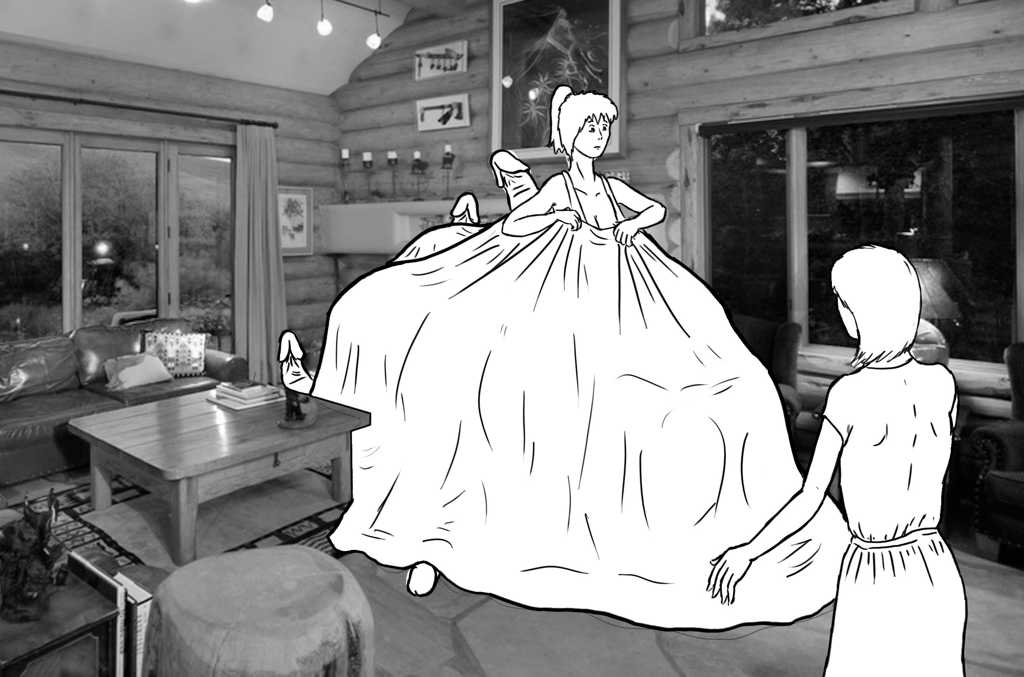 The neighbor has invited herself inside Tent’s main room, as Tent rushes to cover up