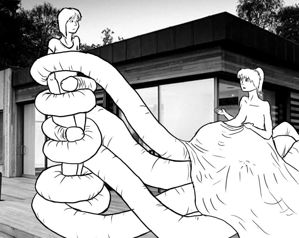 Outside on the large porch/rail-less deck, explaining whilst holding Rose fully captive, wrapped tightly by 4 tentacles