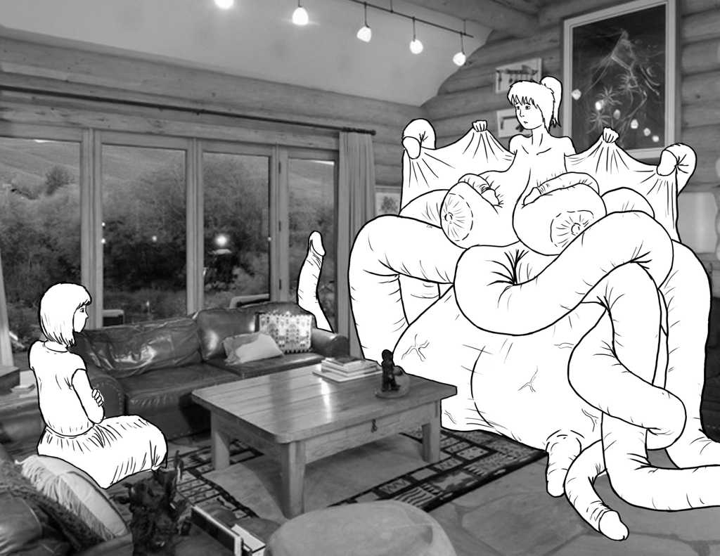 Standing in front of the fireplace, Tent bares all to Rose, seated on a chair across from her