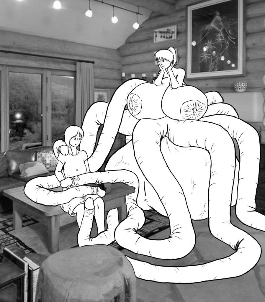 Rose is stunned, sitting with one penis-tipped tentacle in her lap, both hands on it. Other tentacles roam near her as Tent looks on contemplatively.
