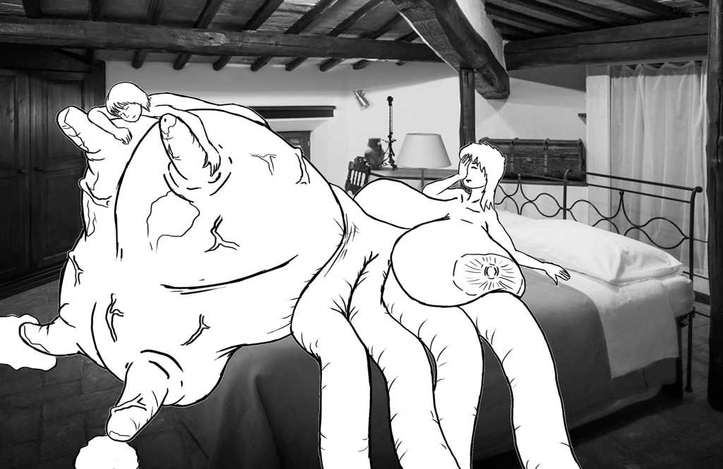 Tent awakens in bed, face-palming. Rose is crashed out asleep atop Tent’s again-ginormous overfilled milky udder.