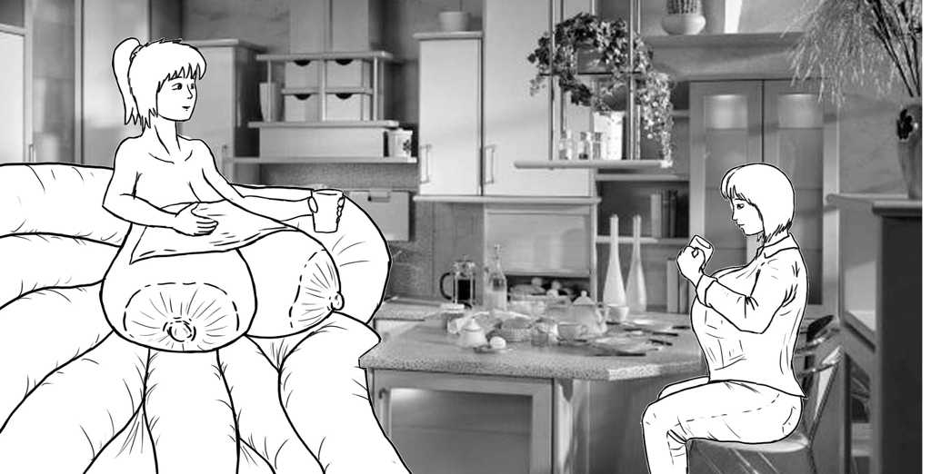 Tent and Rose having breakfast in Tent’s kitchen, seated across from each other at the peninsular area of the kitchen counter