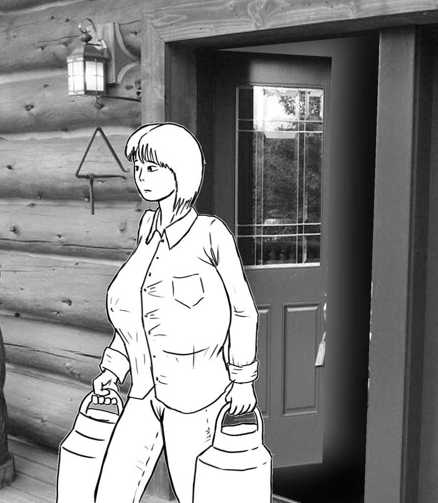 Rose carries two milk cans out the front door, one in each hand