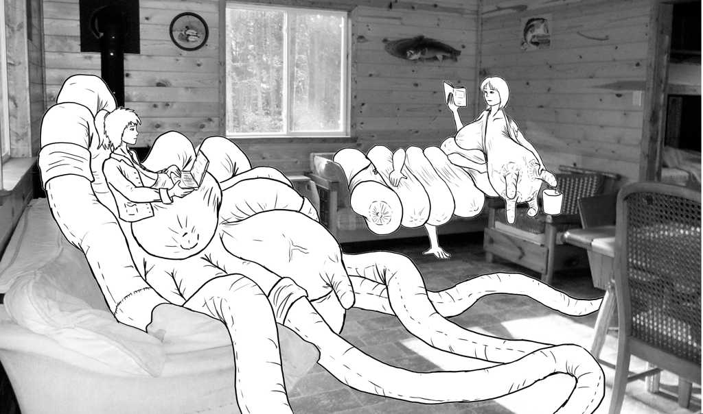 Tent on the couch working on her boobtop as usual, Rose across from her reclined on another couch, reading and filling her mug from Uddy’s upper right teat at the same tome