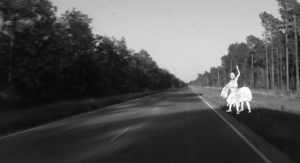 Person or persons waving by the side of the road