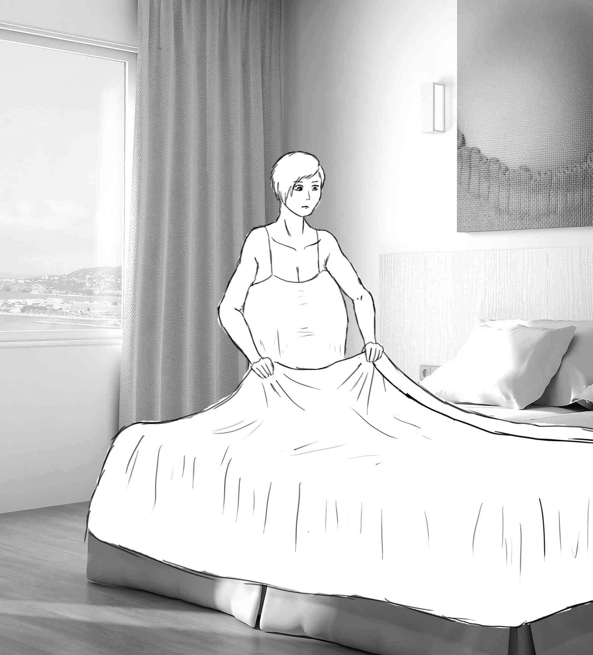 Making the bed with a look of concentration