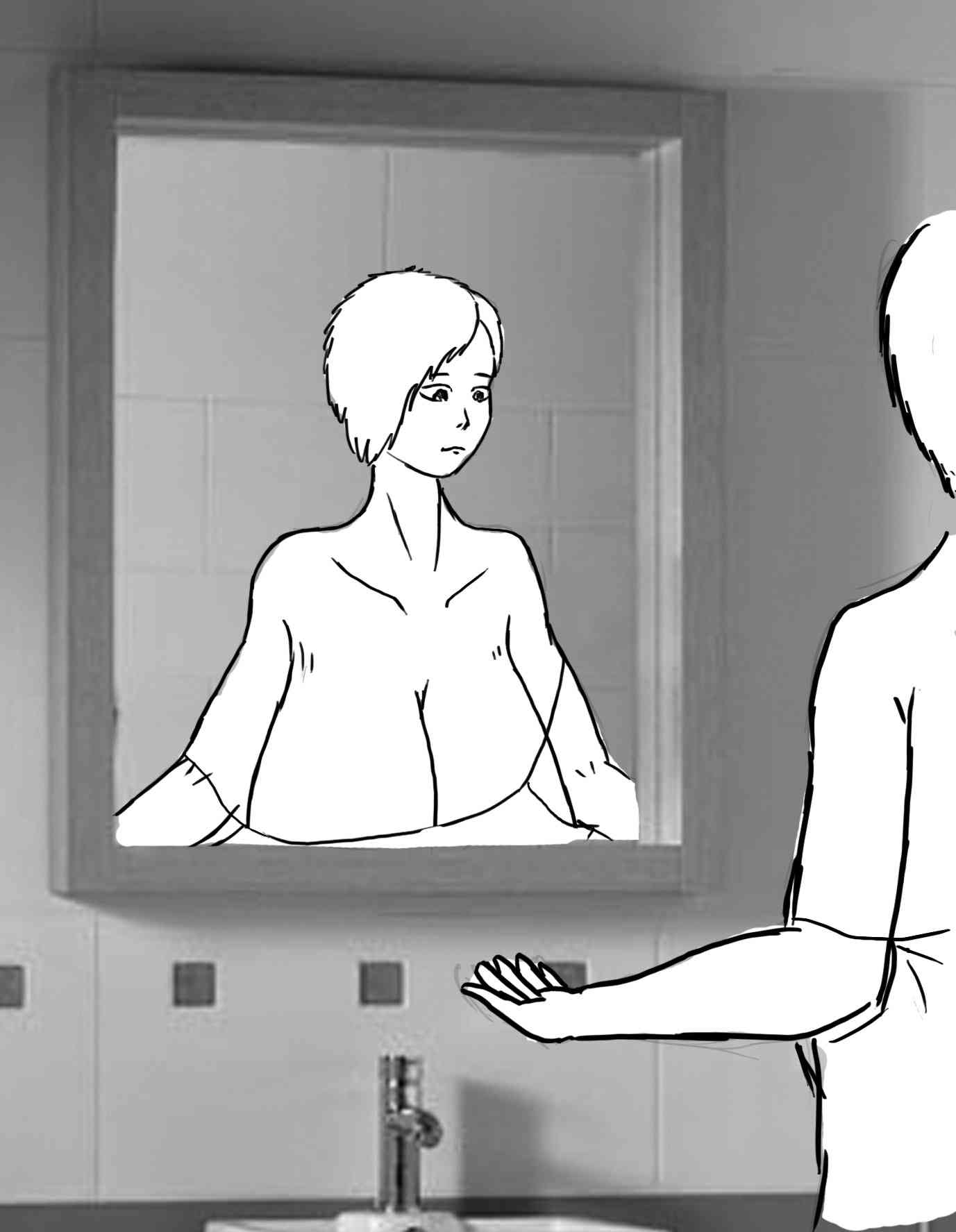 Larissa studies her big boobs and cleavage in the mirror