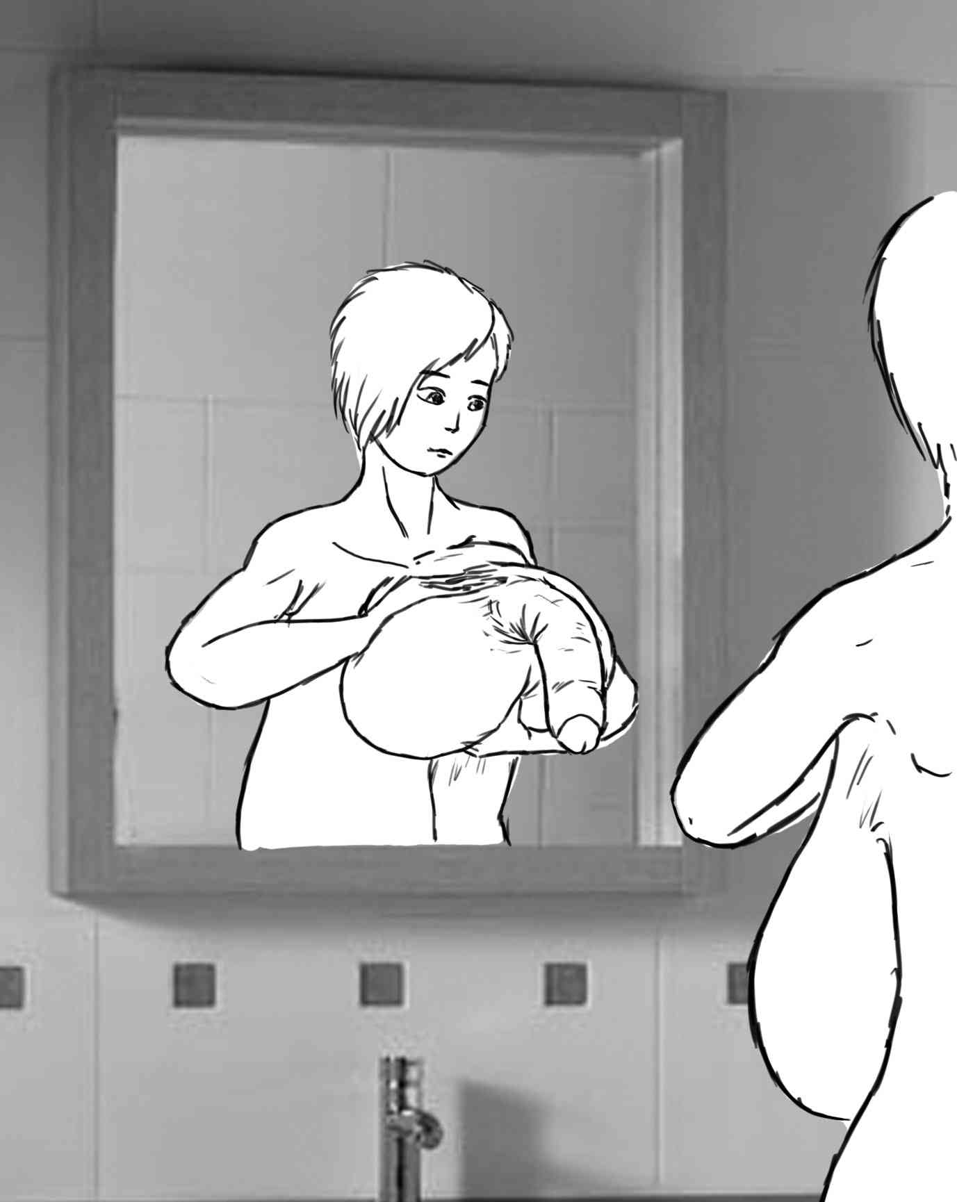 Holding her massive left boob with both hands, nippledick hanging down, looking at these in the mirror