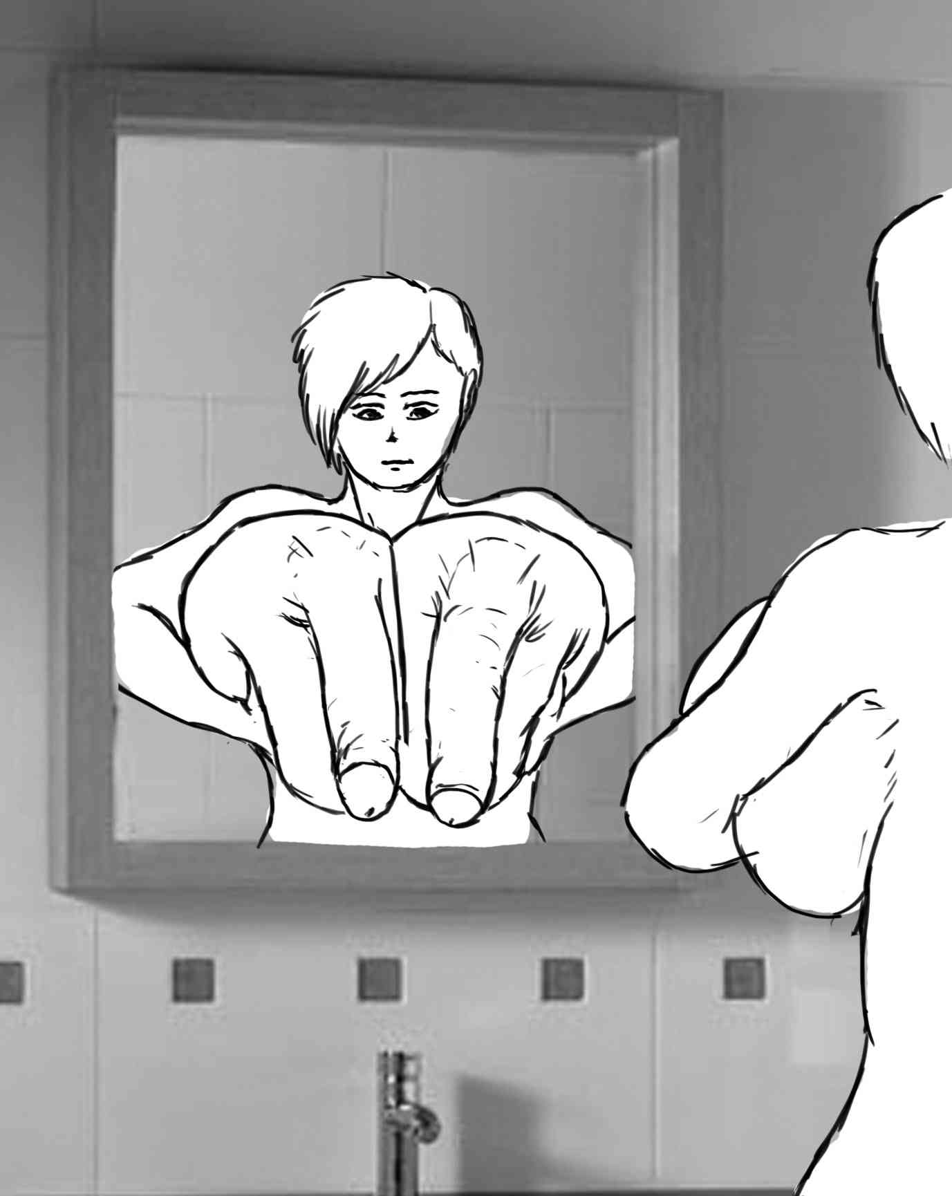 Hefting both breasts, one in each hand, looking down