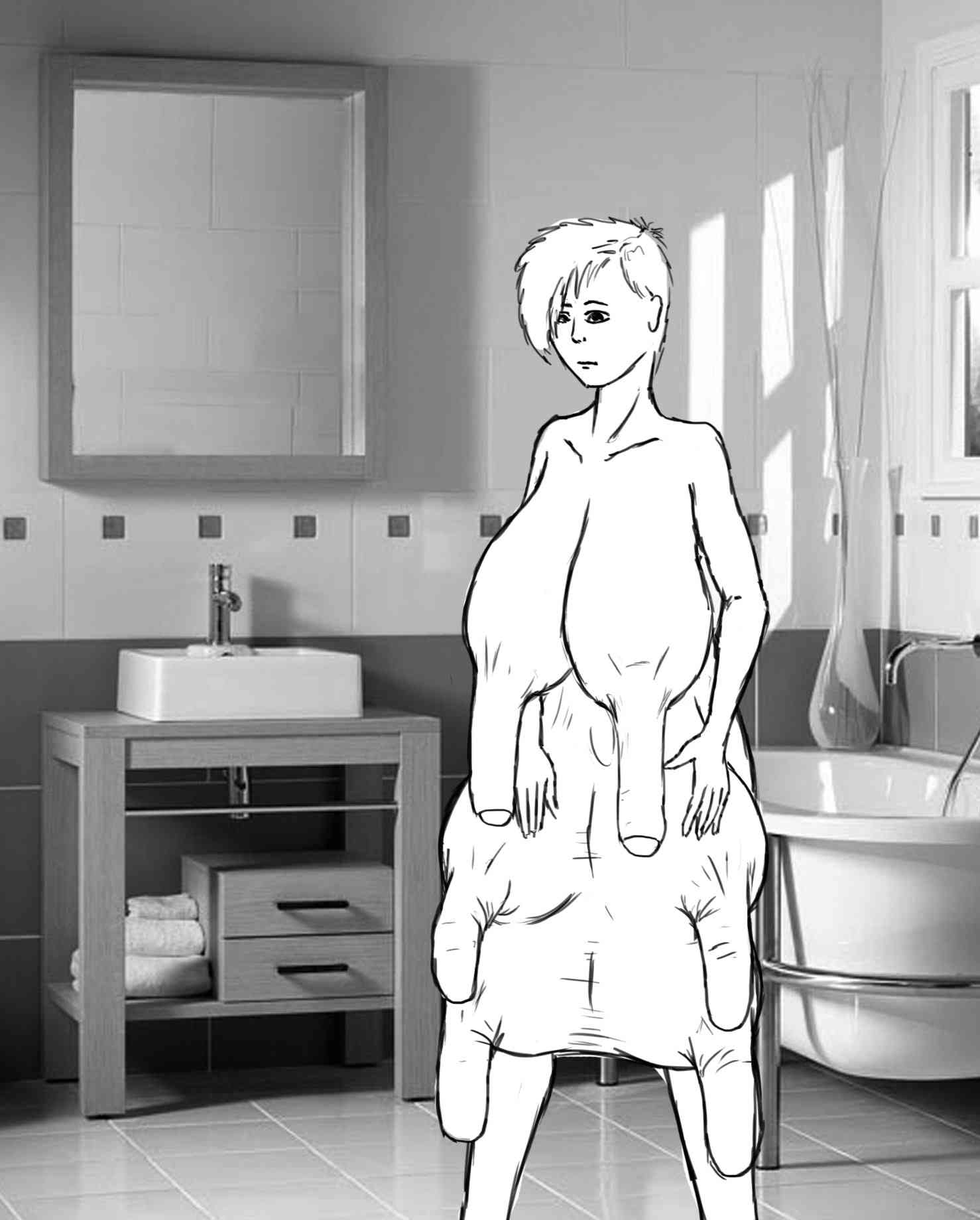 Full frontal in the bathroom: 2 huge nippledicks at the end of her boobs and 4 huge udder teats below