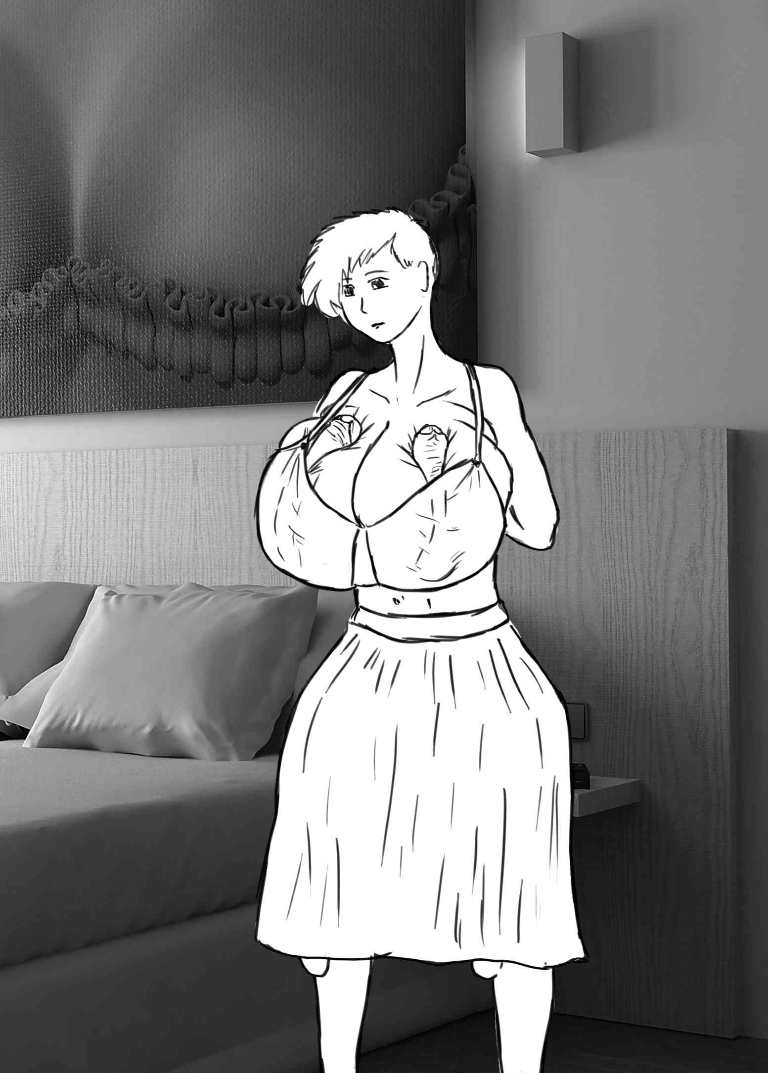 Dressed as best she can, standing in her bedroom