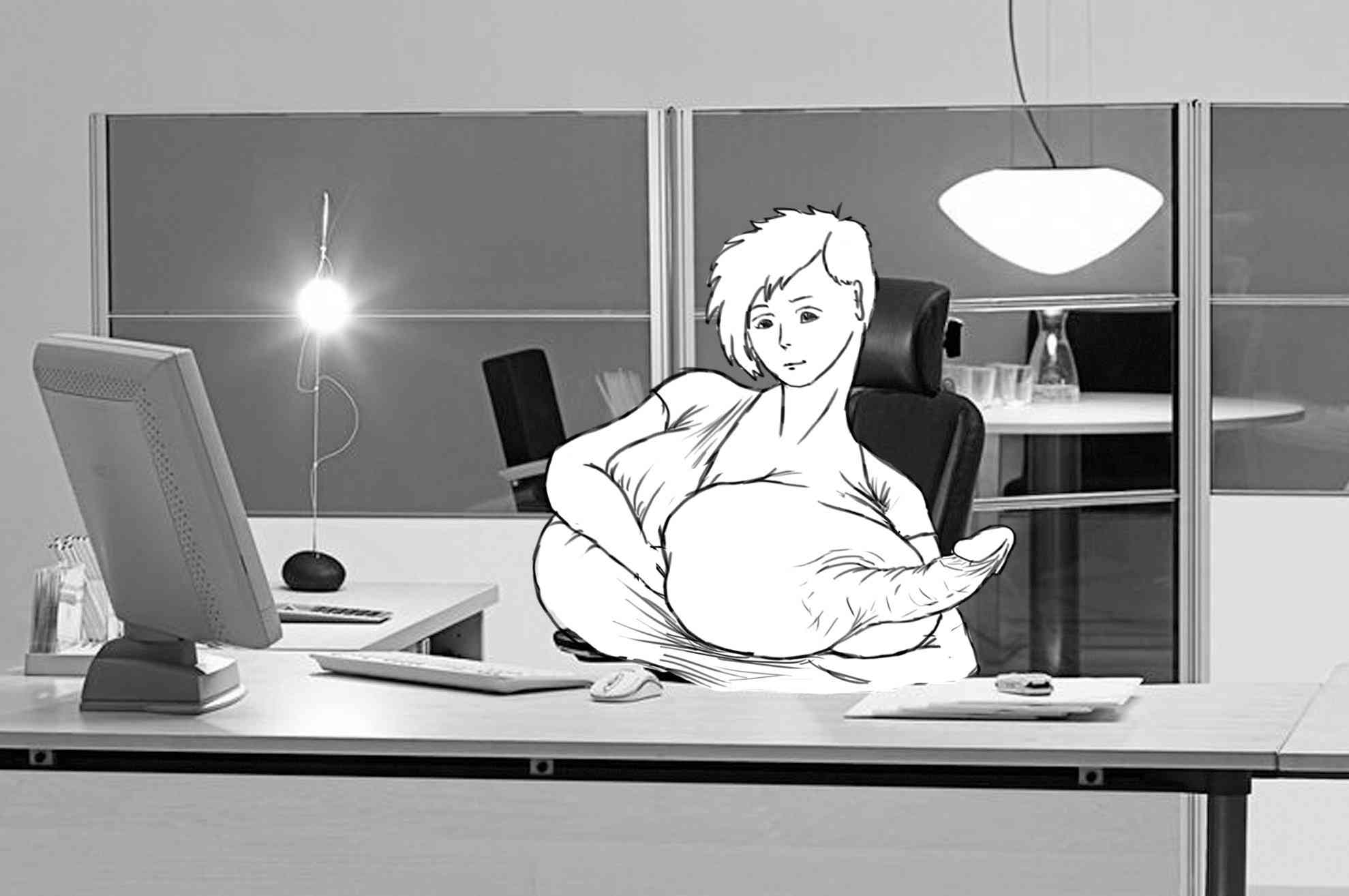 Pulling out HUGE left boob and mostly-hard nippledick, crushing her still-clothed right one with her right arm in the process