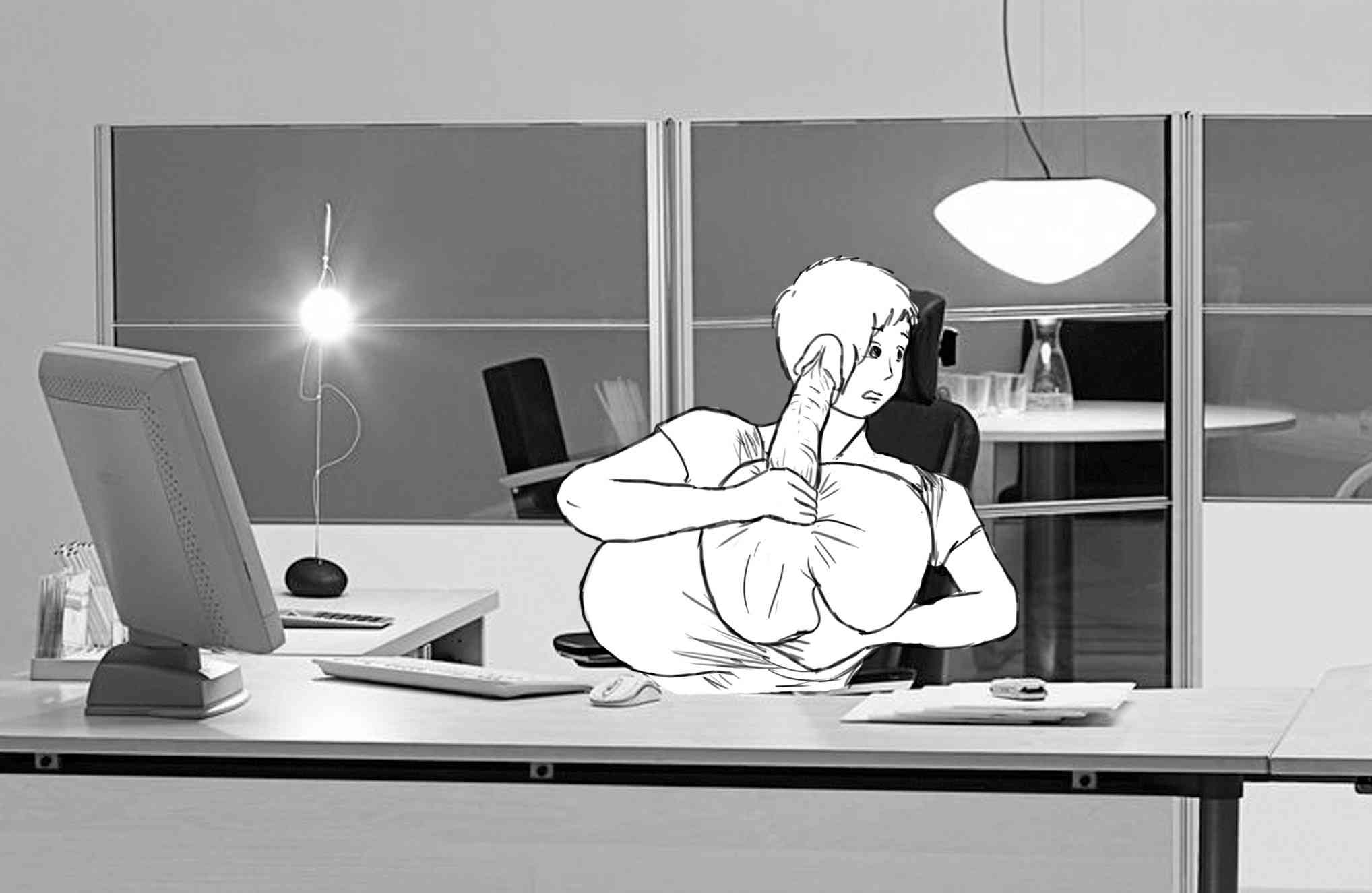 Panic! Same position but nipdick out of mouth, staring towards someone approaching