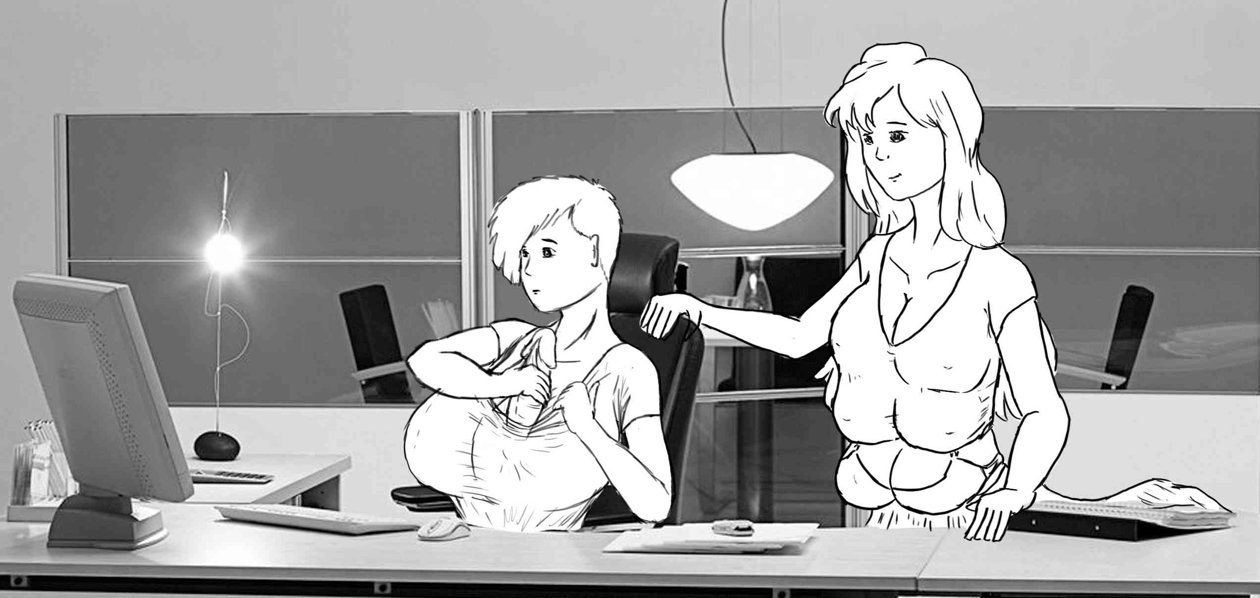 Yasmin stands next to Larissa as the latter struggles to put her left nipcock away