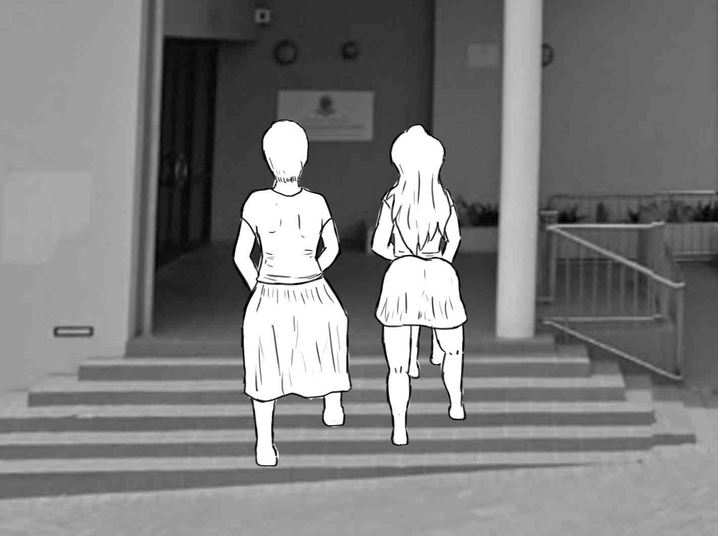 Heading up the stairs into the gym together, glorious rear view