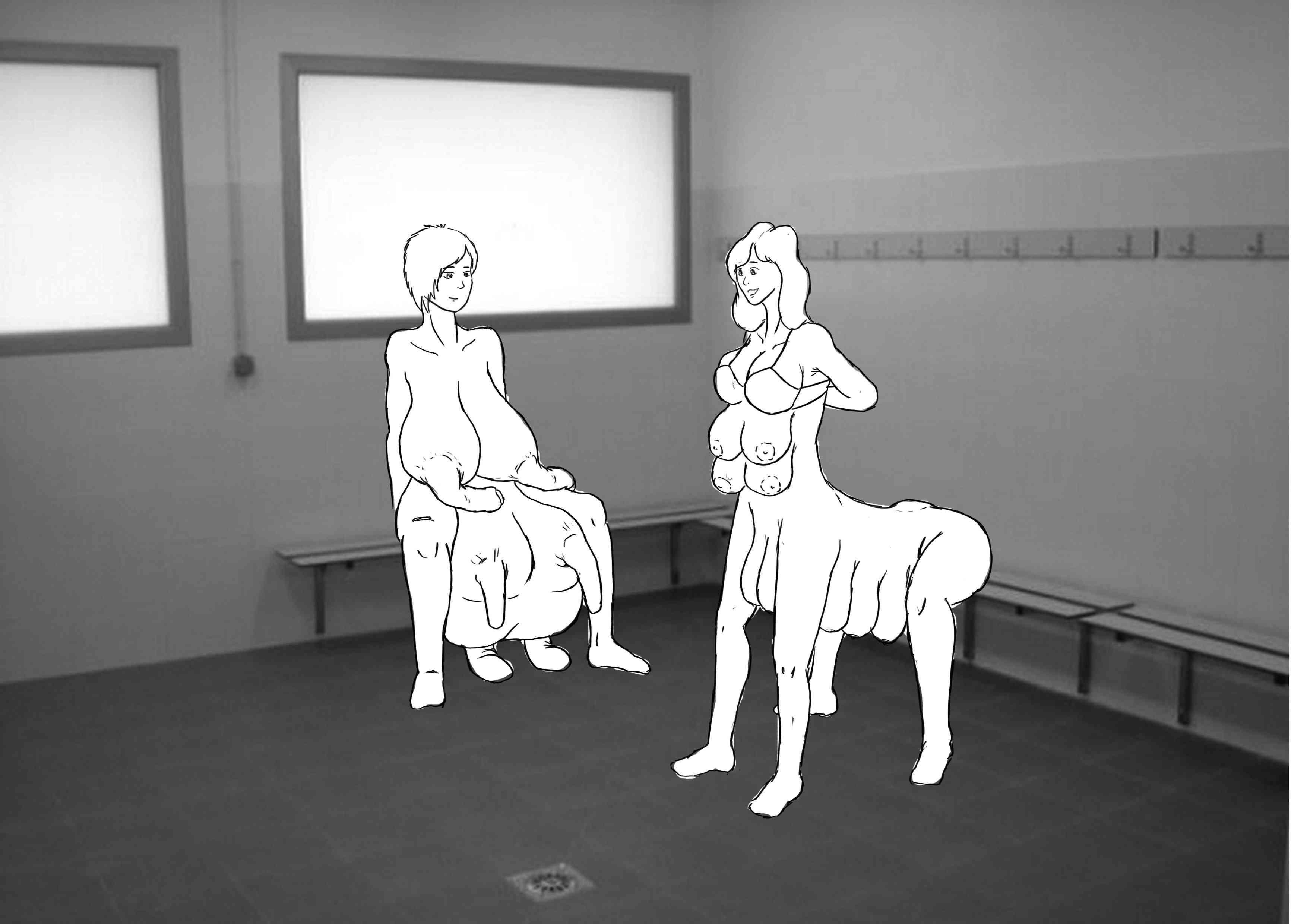 Larissa seated nude and Yasmin standing nearly nude in the changing room