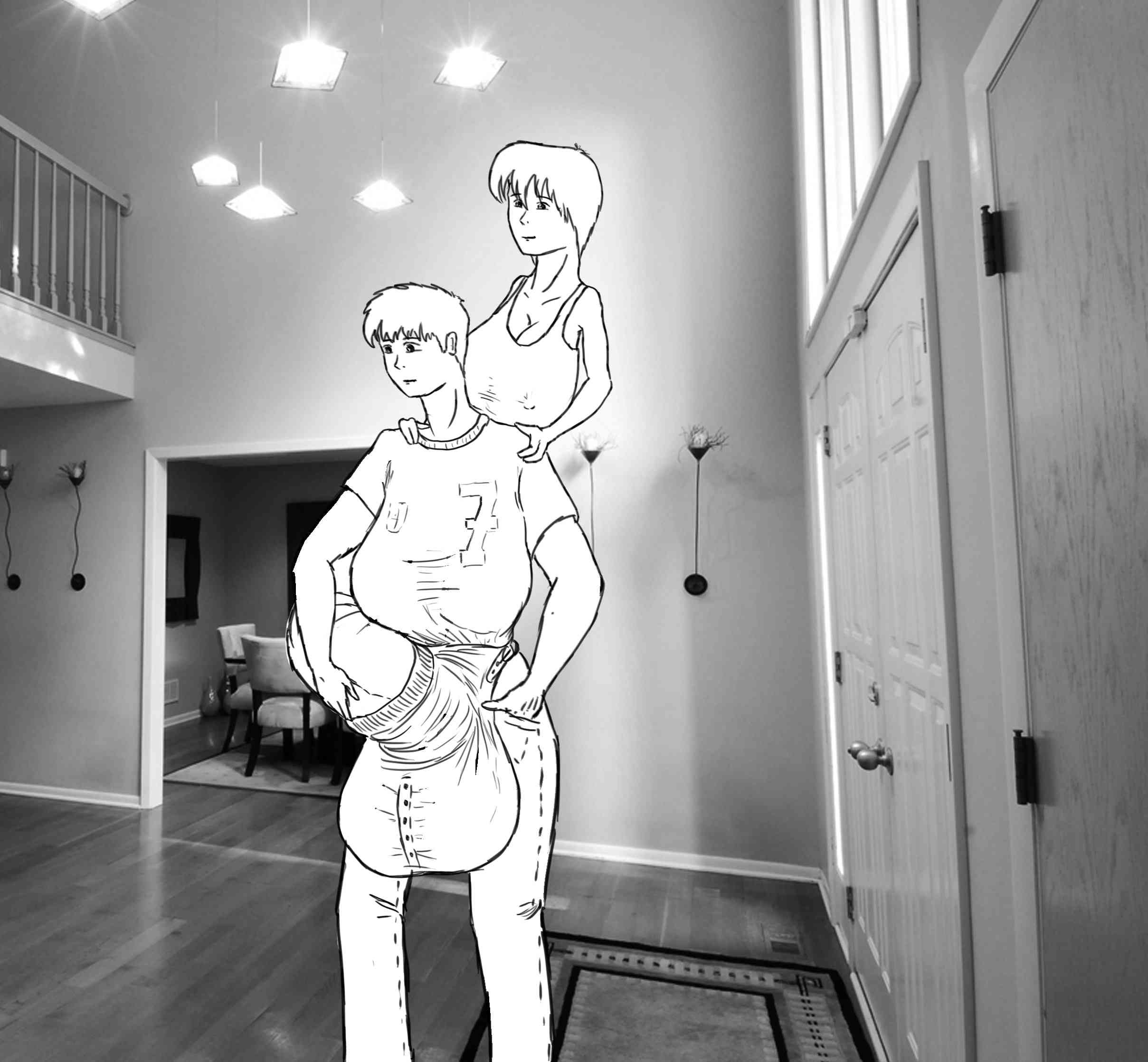 Lindy resting atop Mike’s shoulders, in Larissa’s entryway