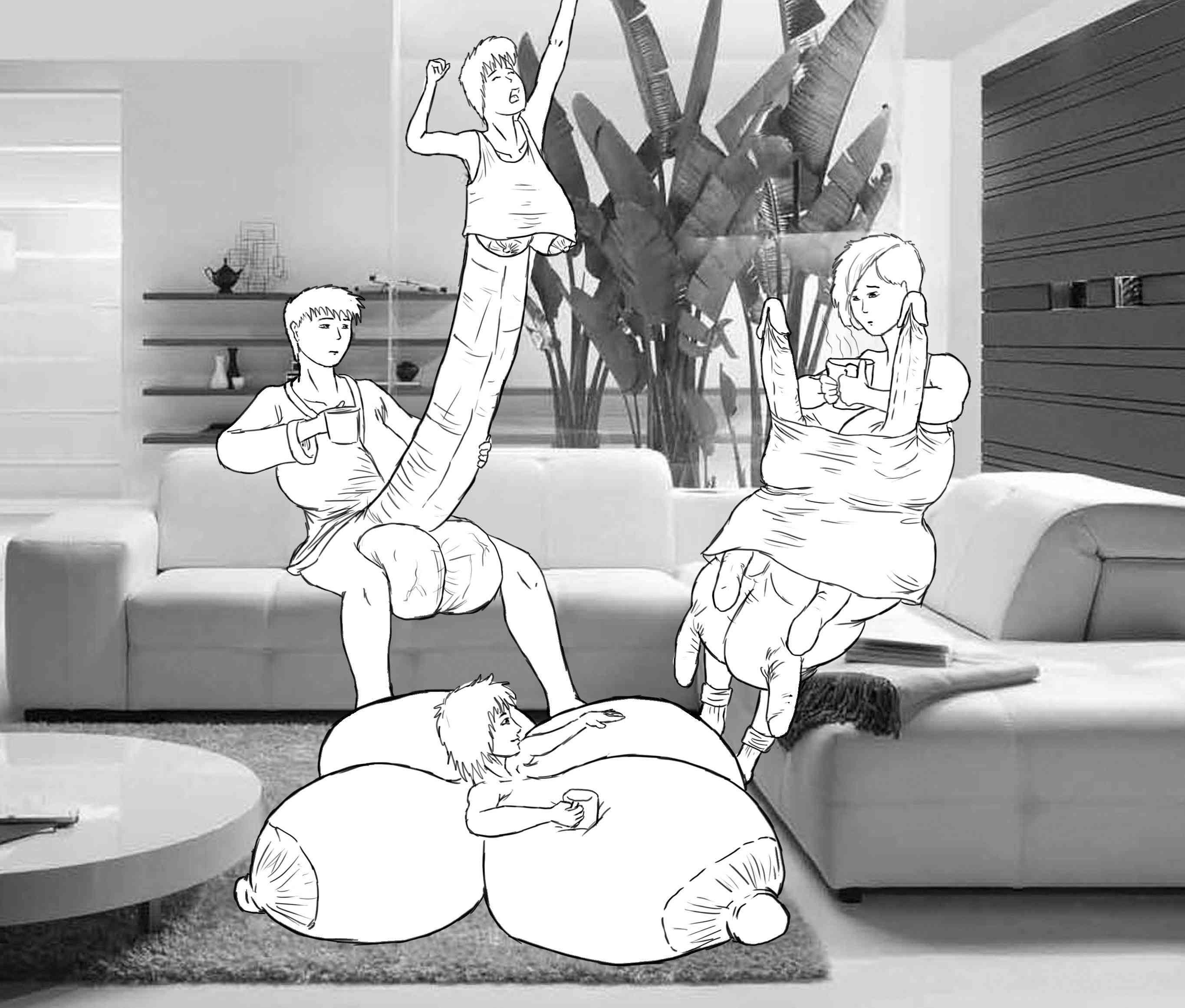 Huge morning woods have Larissa’s nippledicks gloriously saluting the morning and Lindy high up in the air of Larissa’s living room, stretching