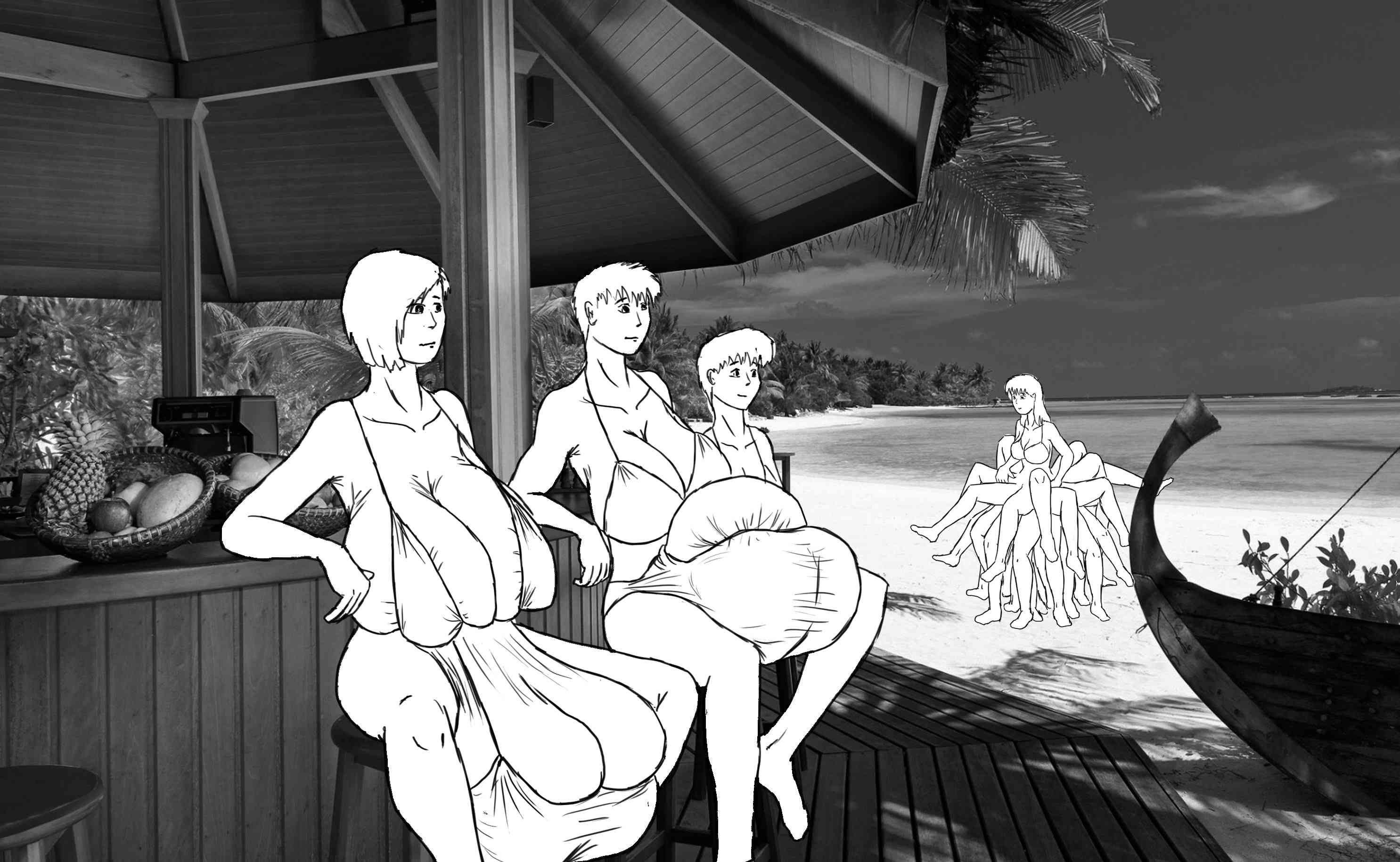 Larissa, Mike, and Lindy seated at the juice bar, looking out towards the beach. In the distance to their left sides out on the sand is a woman with a preponderance of legs.