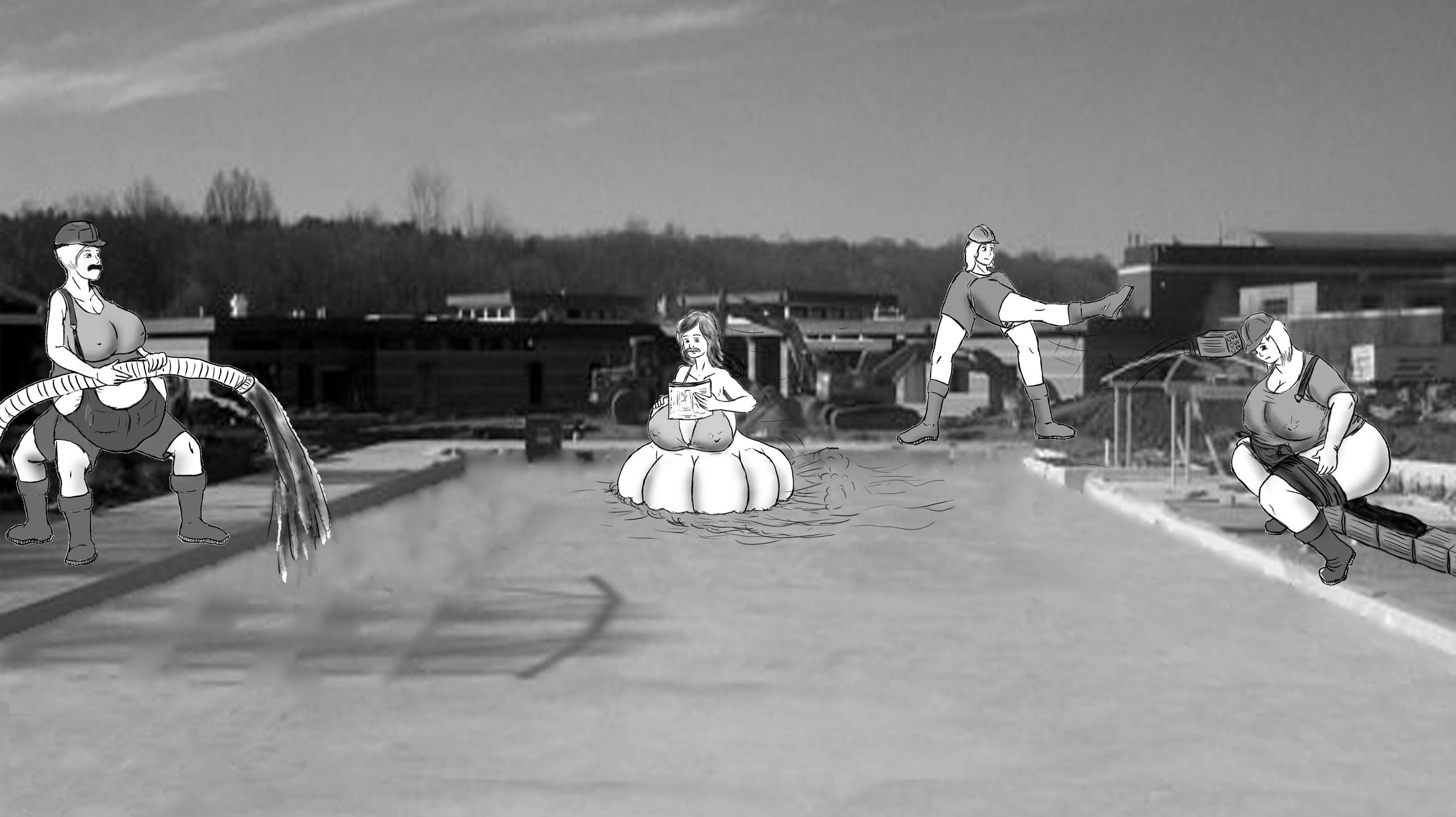 workers constructing the pool